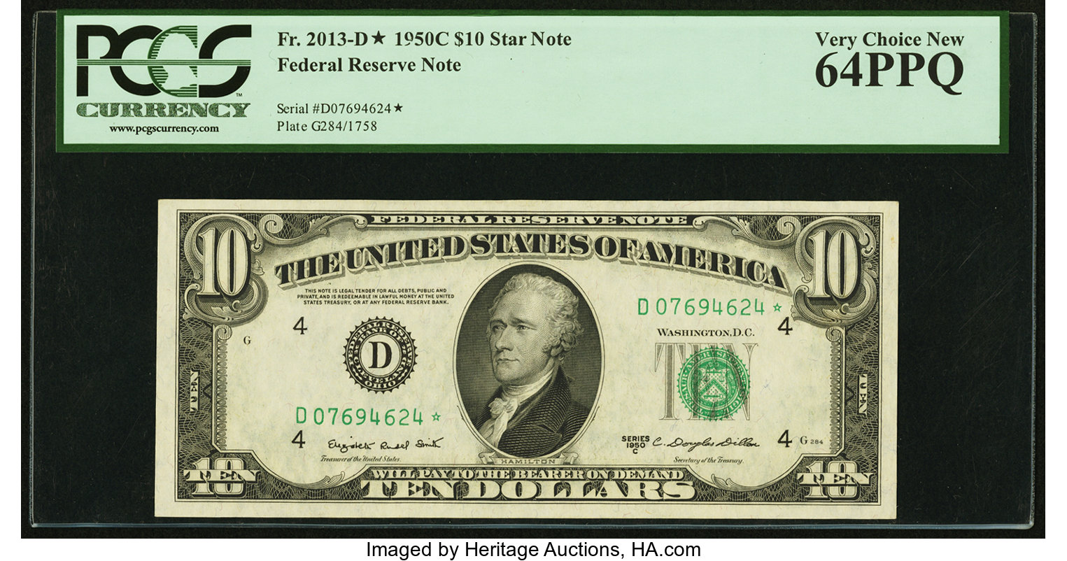 image for: Fr. 2013-D* $10 1950C Federal Reserve Star Note. PCGS Very Choice New 64PPQ....
