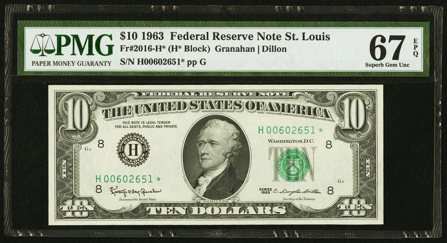 image for: Fr. 2016-H* $10 1963 Federal Reserve Star Note. PMG Superb Gem Unc 67 EPQ....