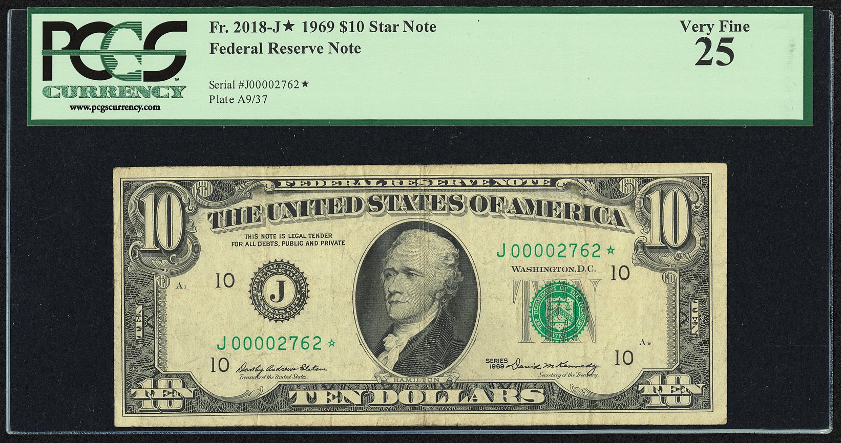 image for: Serial 00002762* Fr. 2018-J* $10 1969 Federal Reserve Star Note. PCGS Very Fine 25....
