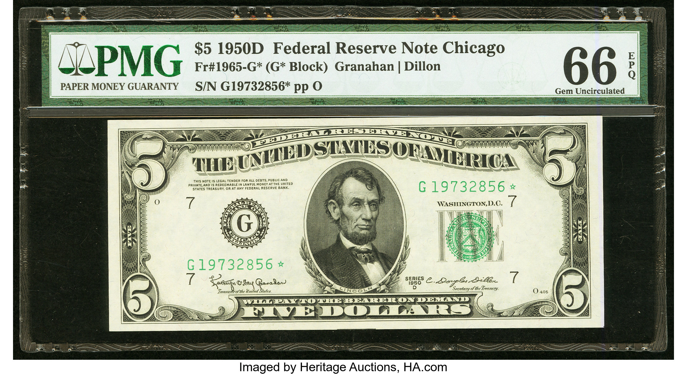 image for: Fr. 1965-G* $5 1950D Federal Reserve Star Note. PMG Gem Uncirculated 66 EPQ....