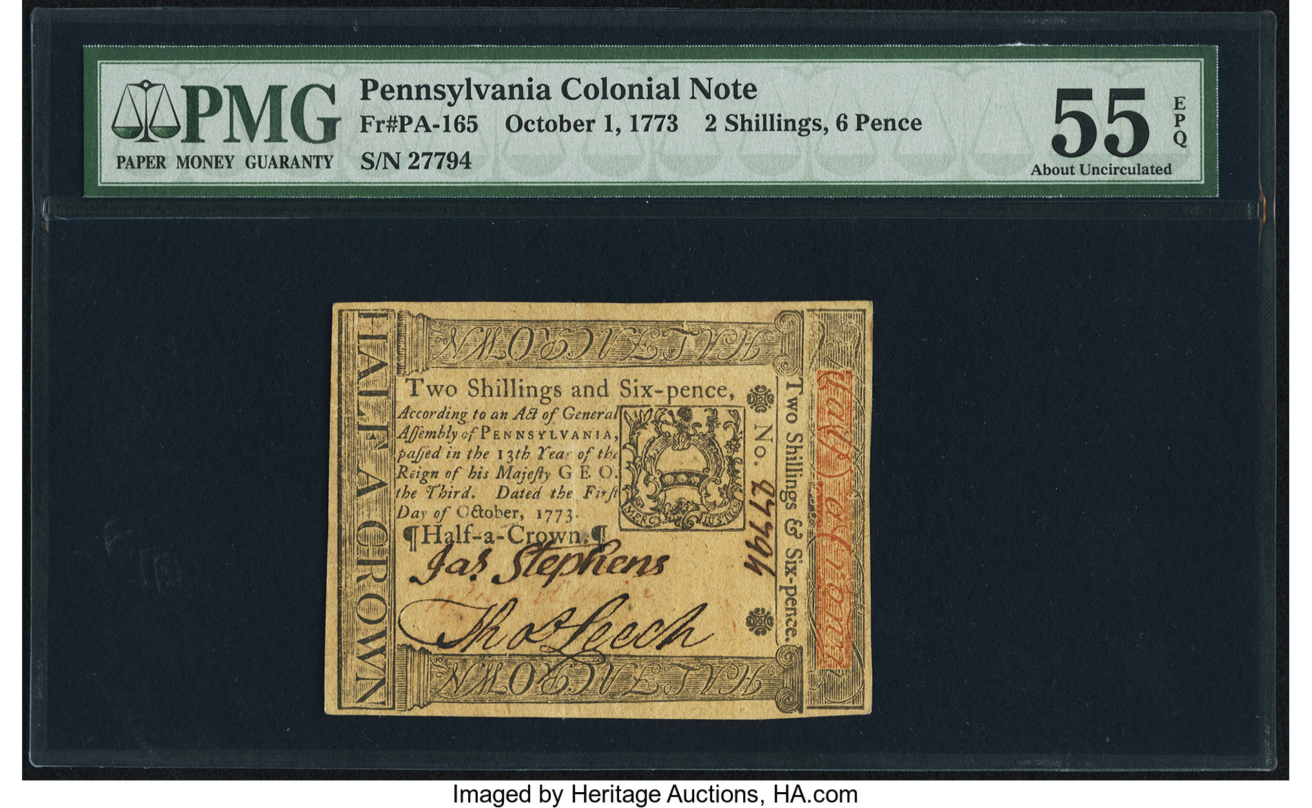 image for: Pennsylvania October 1, 1773 2s 6d PMG About Uncirculated 55 EPQ....