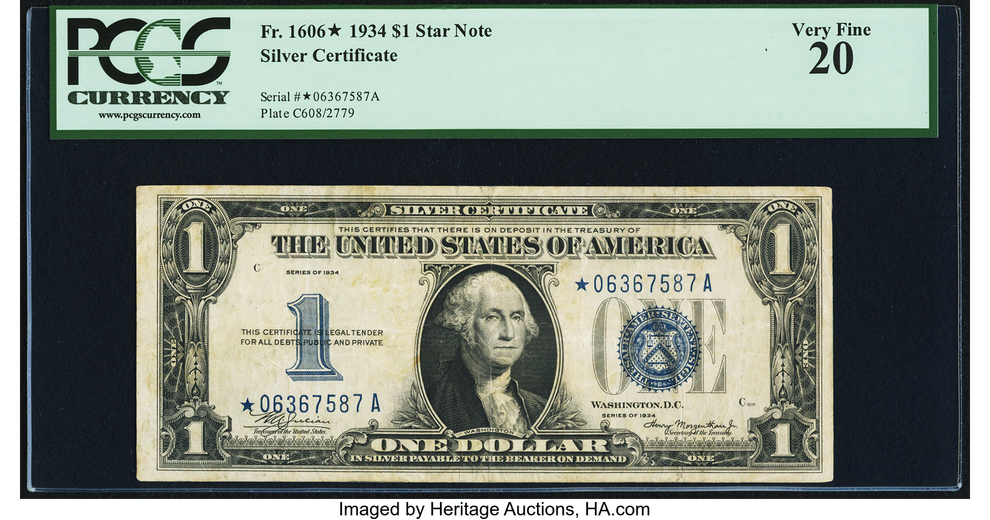Fr. 1606* $1 1934 Silver Certificate Star. PCGS Very Fine 20. ...