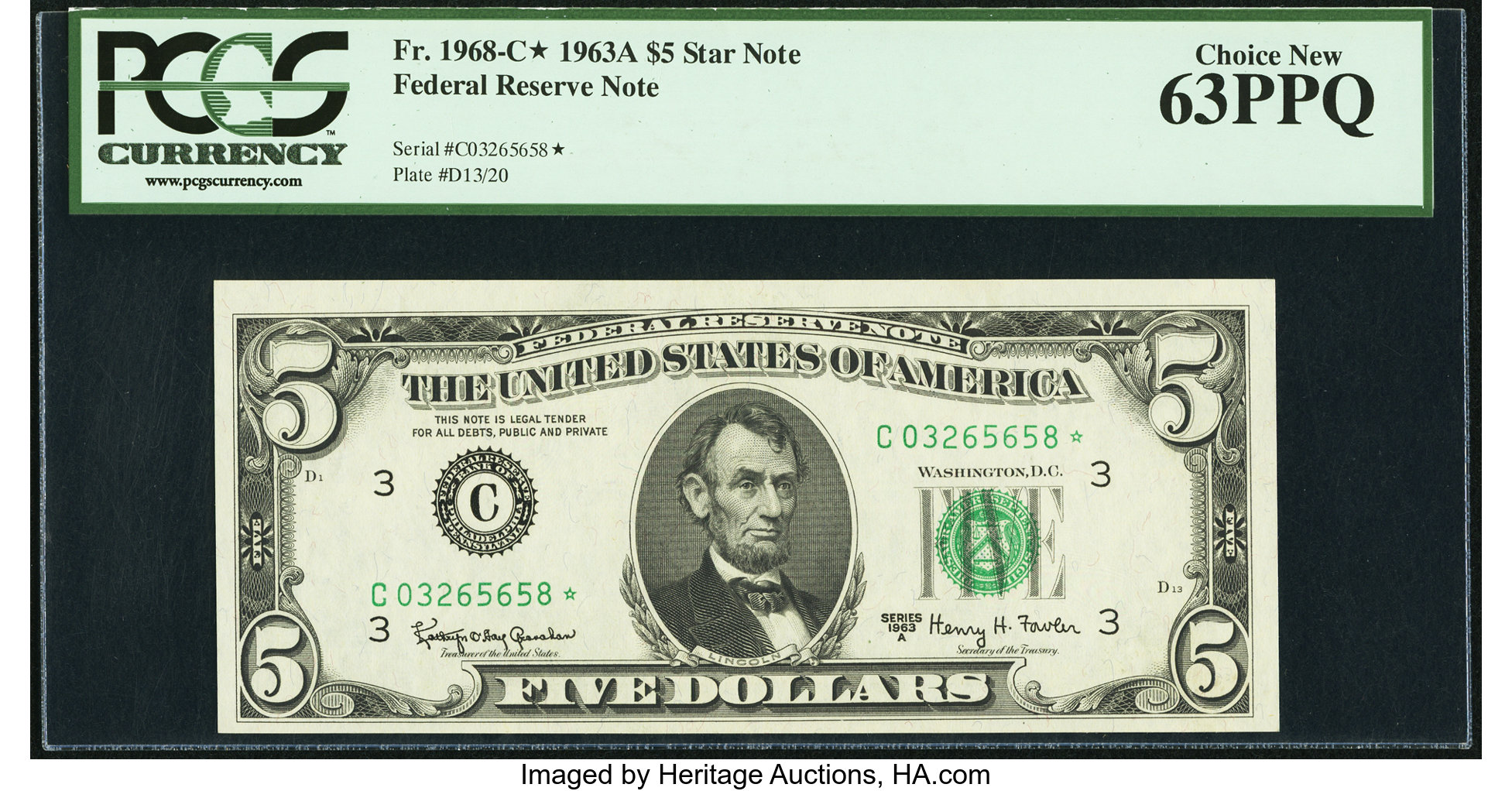 image for: Fr. 1968-C* $5 1963A Federal Reserve Star Note. PCGS Choice New 63PPQ....