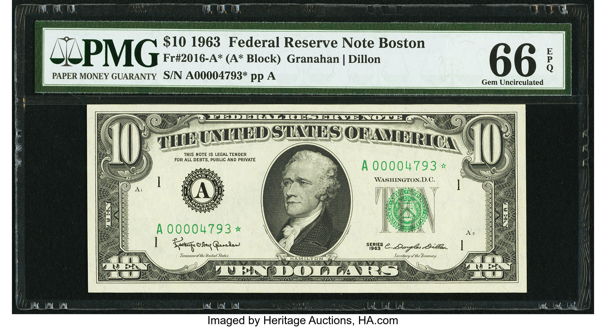 image for: Low Serial Number 4793 Fr. 2016-A* $10 1963 Federal Reserve Star Note. PMG Gem Uncirculated 66 EPQ....