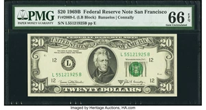 image for: Fr. 2069-L $20 1969B Federal Reserve Note. PMG Gem Uncirculated 66 EPQ....