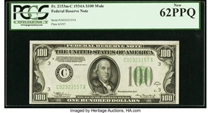 image for: Fr. 2153-C $100 1934A Mule Federal Reserve Note. PCGS New 62PPQ....