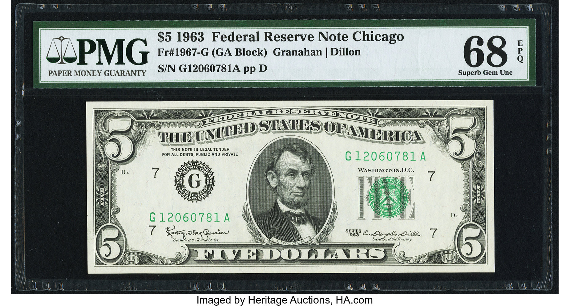 image for: Fr. 1967-G $5 1963 Federal Reserve Note. PMG Superb Gem Unc 68 EPQ....