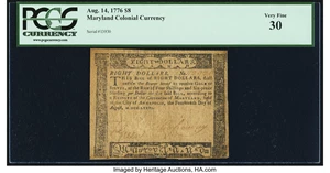 image for: Maryland August 14, 1776 $8 PCGS Very Fine 30....