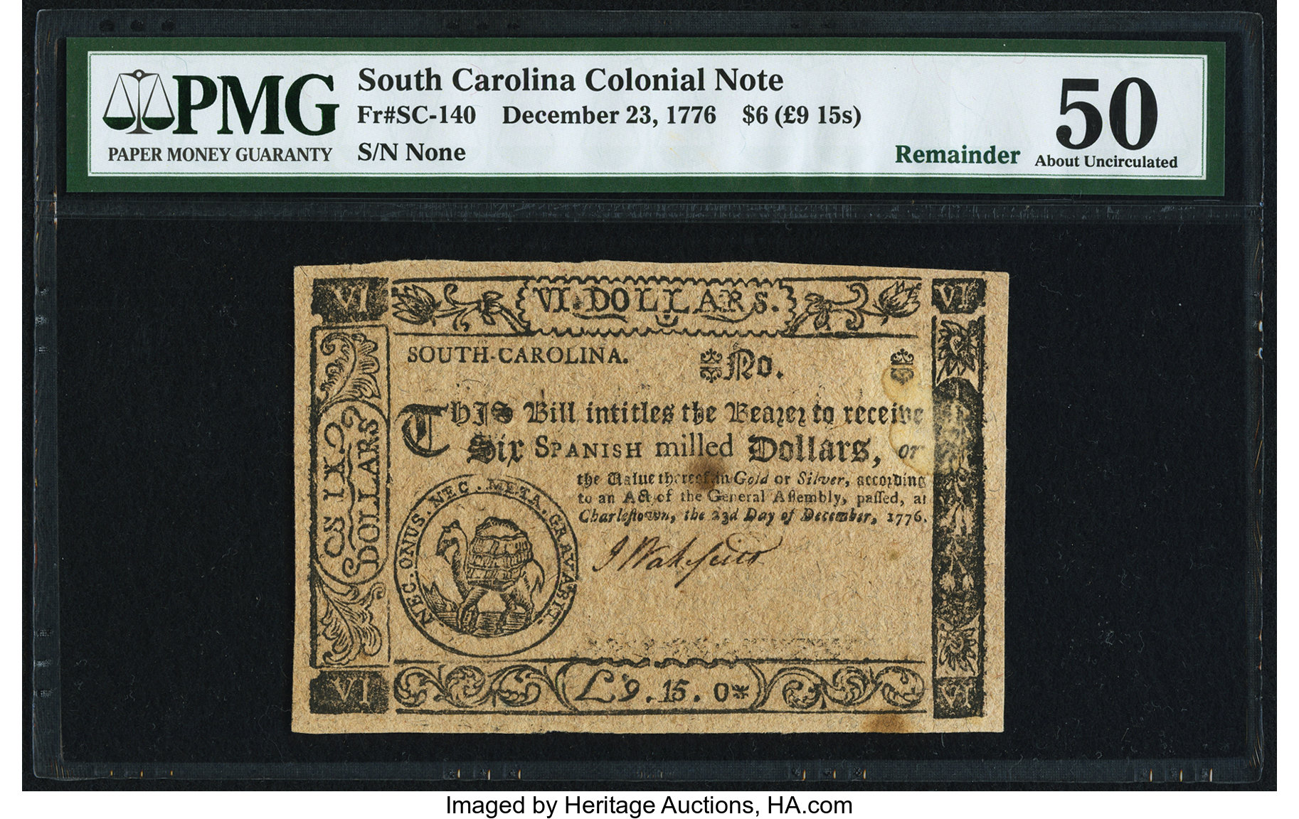 image for: South Carolina December 23, 1776 $6 PMG About Uncirculated 50....