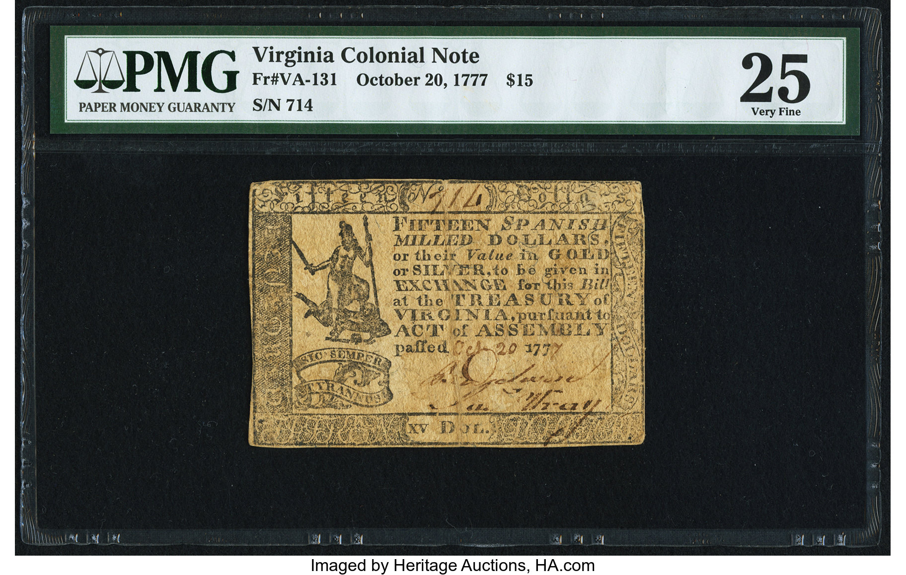 image for: Virginia October 20, 1777 $15 PMG Very Fine 25....