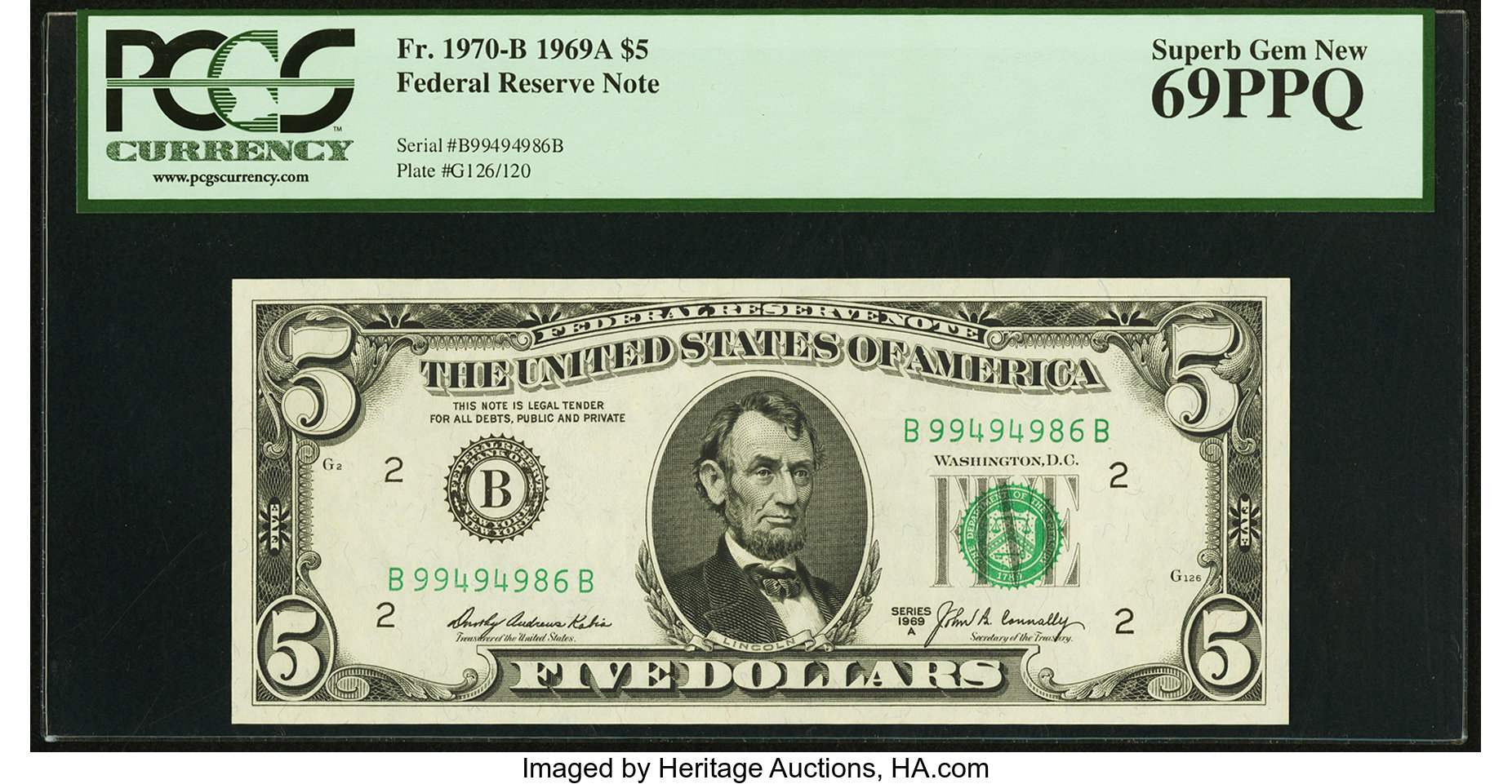 image for: Fr. 1970-B $5 1969A Federal Reserve Note. PCGS Superb Gem New 69PPQ....