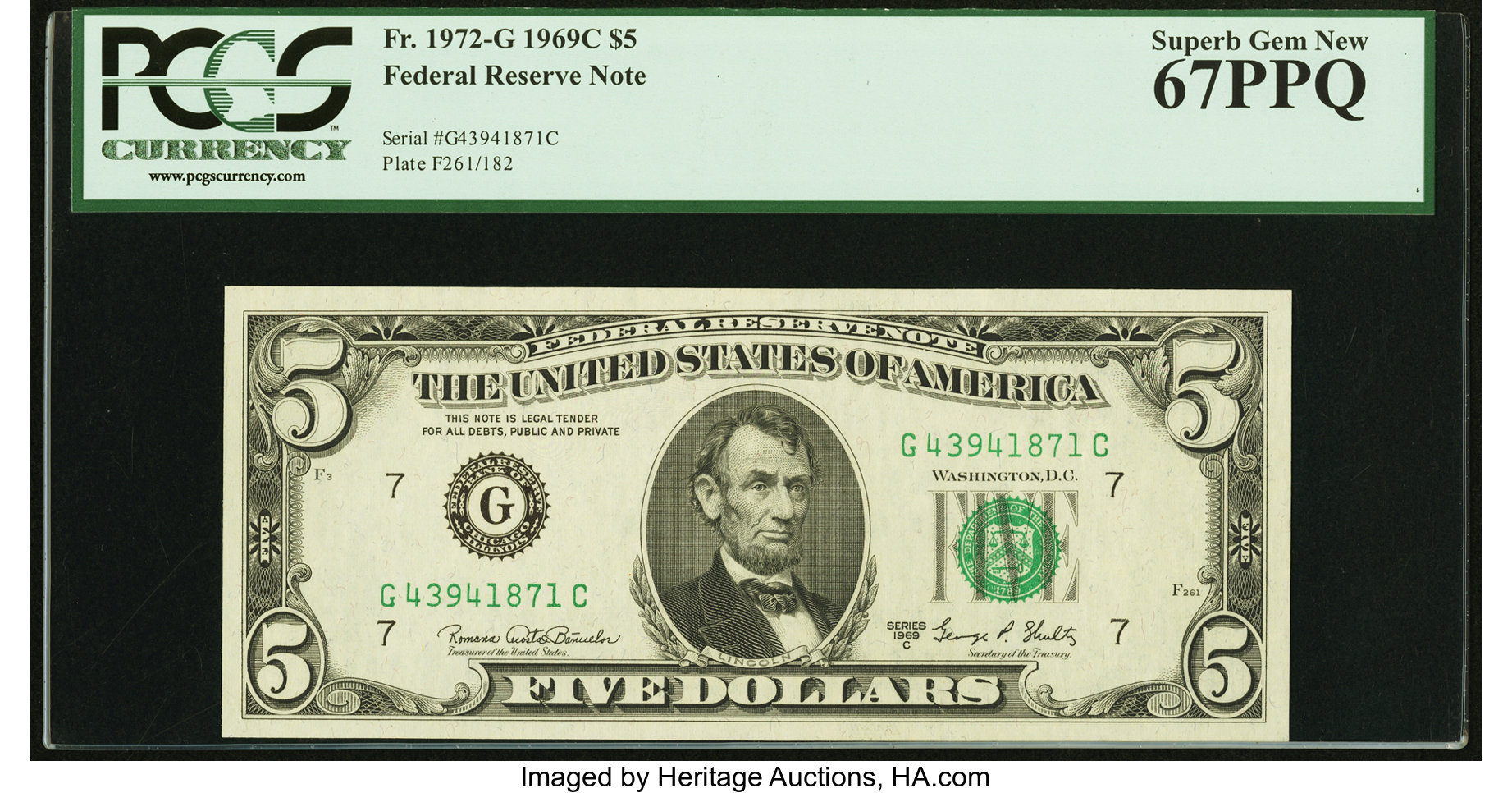 image for: Fr. 1972-G $5 1969C Federal Reserve Note. PCGS Superb Gem New 67PPQ....