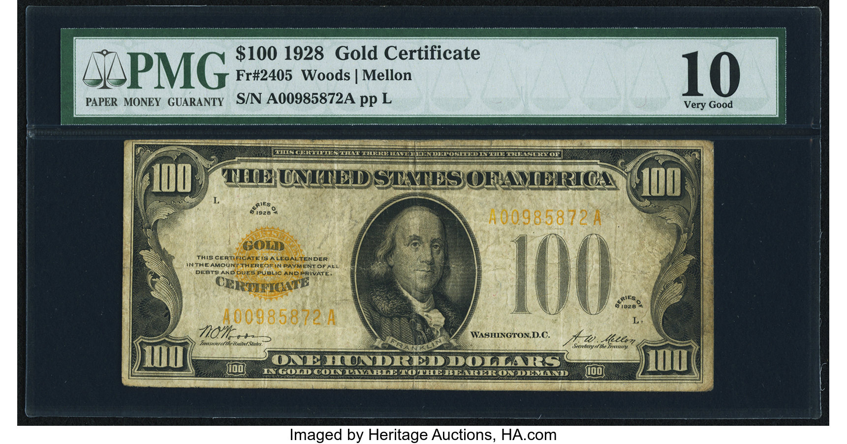 Fr. 2405 $100 1928 Gold Certificate. PMG Very Good 10. ...