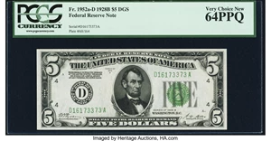 image for: Fr. 1952-D $5 1928B Dark Green Seal Federal Reserve Note. PCGS Very Choice New 64PPQ....