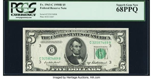 image for: Fr. 1963-C $5 1950B Federal Reserve Note. PCGS Superb Gem New 68PPQ....
