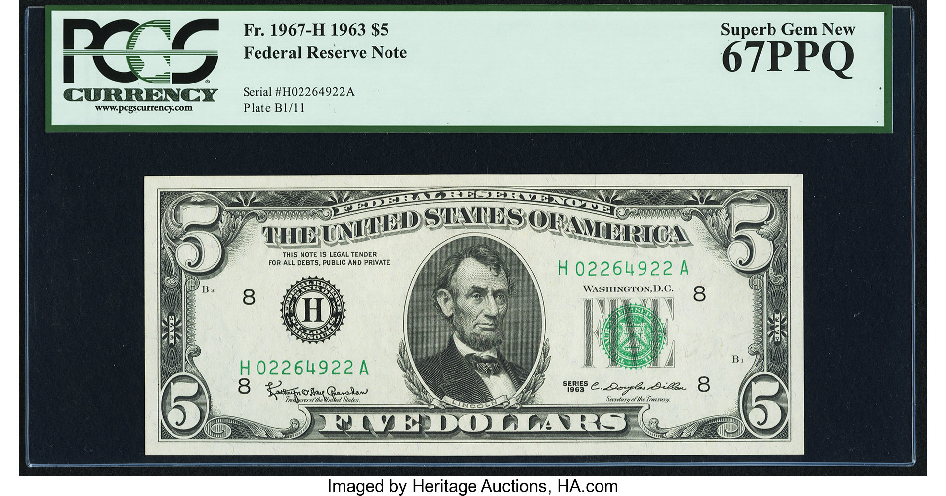 image for: Fr. 1967-H $5 1963 Federal Reserve Note. PCGS Superb Gem New 67PPQ....