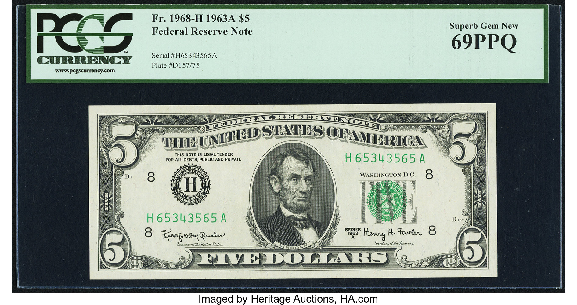 image for: Fr. 1968-H $5 1963A Federal Reserve Note. PCGS Superb Gem New 69PPQ....