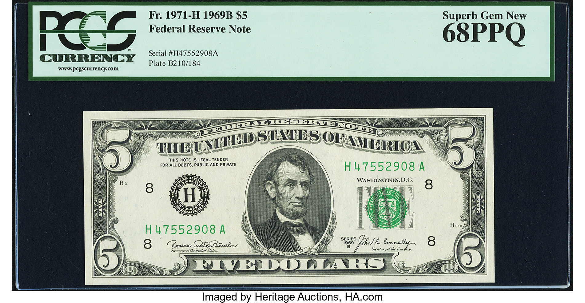 image for: Fr. 1971-H $5 1969B Federal Reserve Note. PCGS Superb Gem New 68PPQ....
