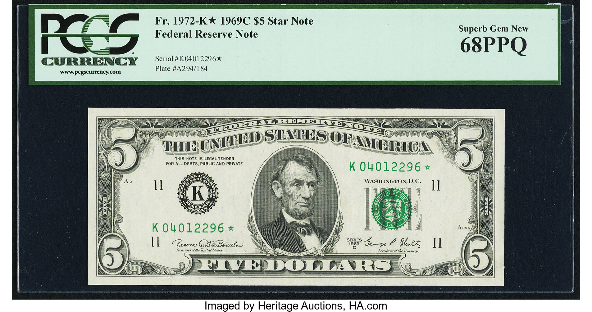 image for: Fr. 1972-K* $5 1969C Federal Reserve Star Note. PCGS Superb Gem New 68PPQ....