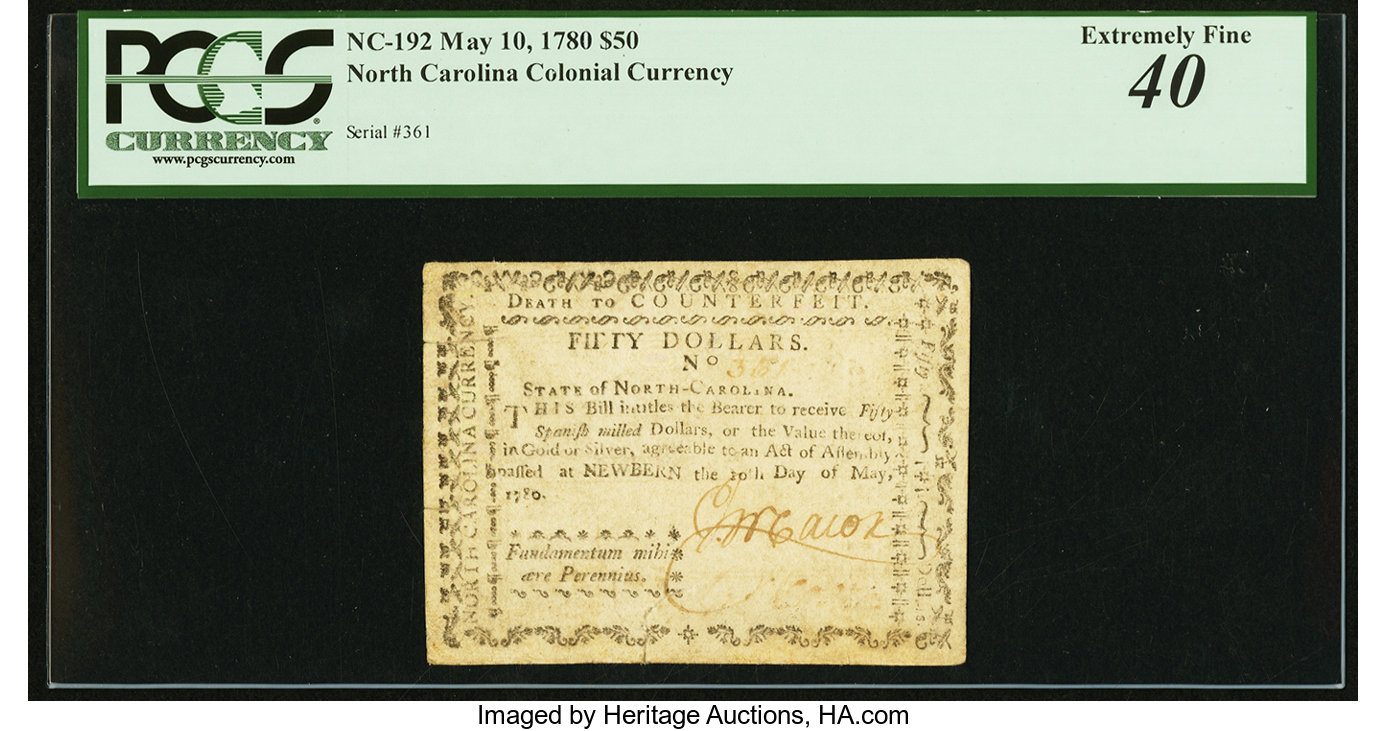 image for: North Carolina May 10, 1780 $50 Fundamentum Mihi Aere Perennius PCGS Extremely Fine 40....