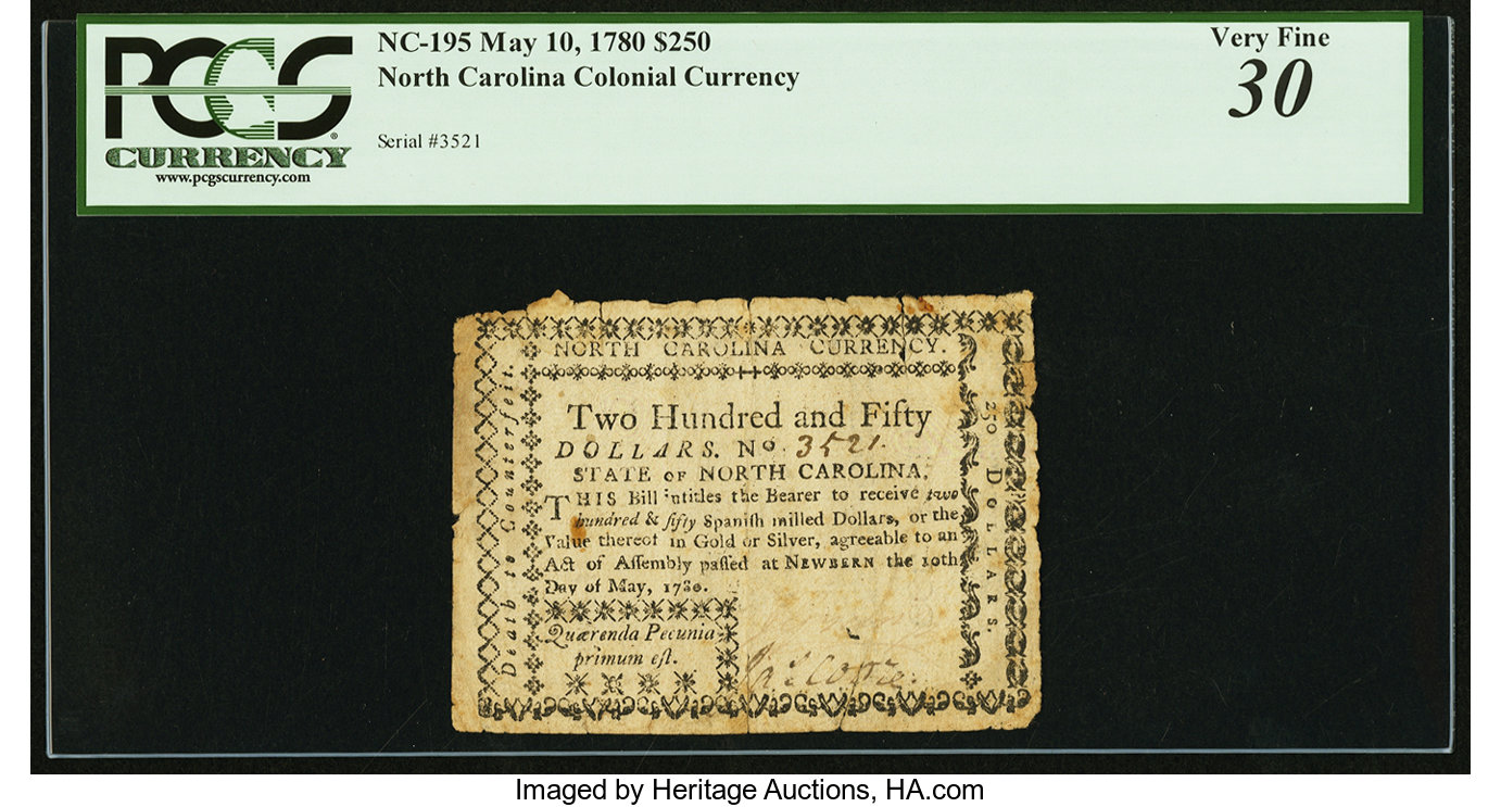image for: North Carolina May 10, 1780 $250 Quaerenda Pecunia Primum Est. PCGS Very Fine 30....