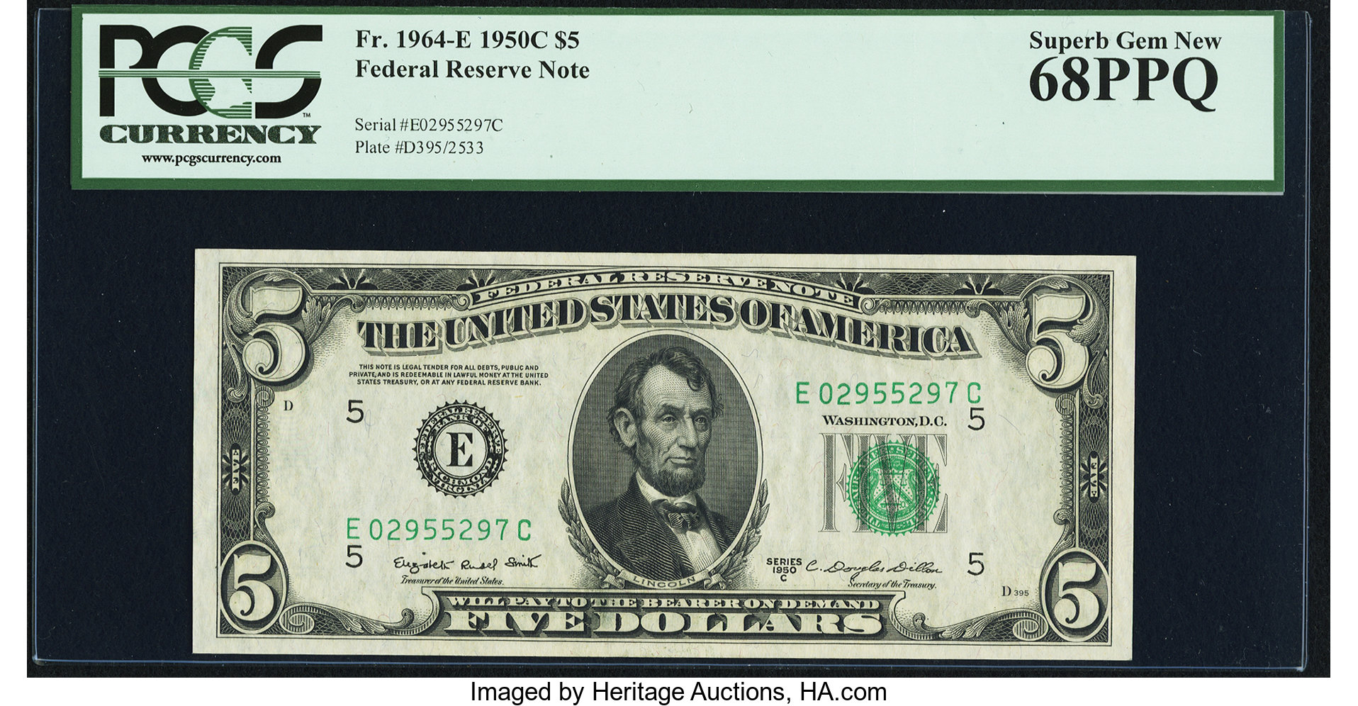 image for: Fr. 1964-E $5 1950C Federal Reserve Note. PCGS Superb Gem New 68PPQ....