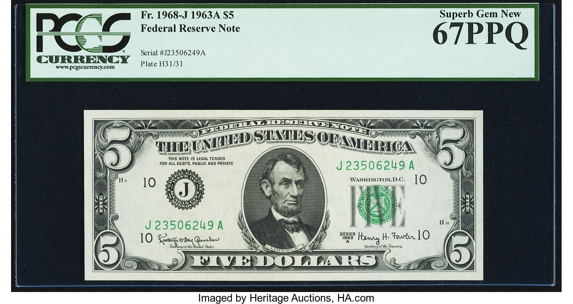 image for: Fr. 1968-J $5 1963A Federal Reserve Note. PCGS Superb Gem New 67PPQ....