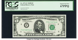 image for: Fr. 1971-F $5 1969B Federal Reserve Note. PCGS Superb Gem New 67PPQ....