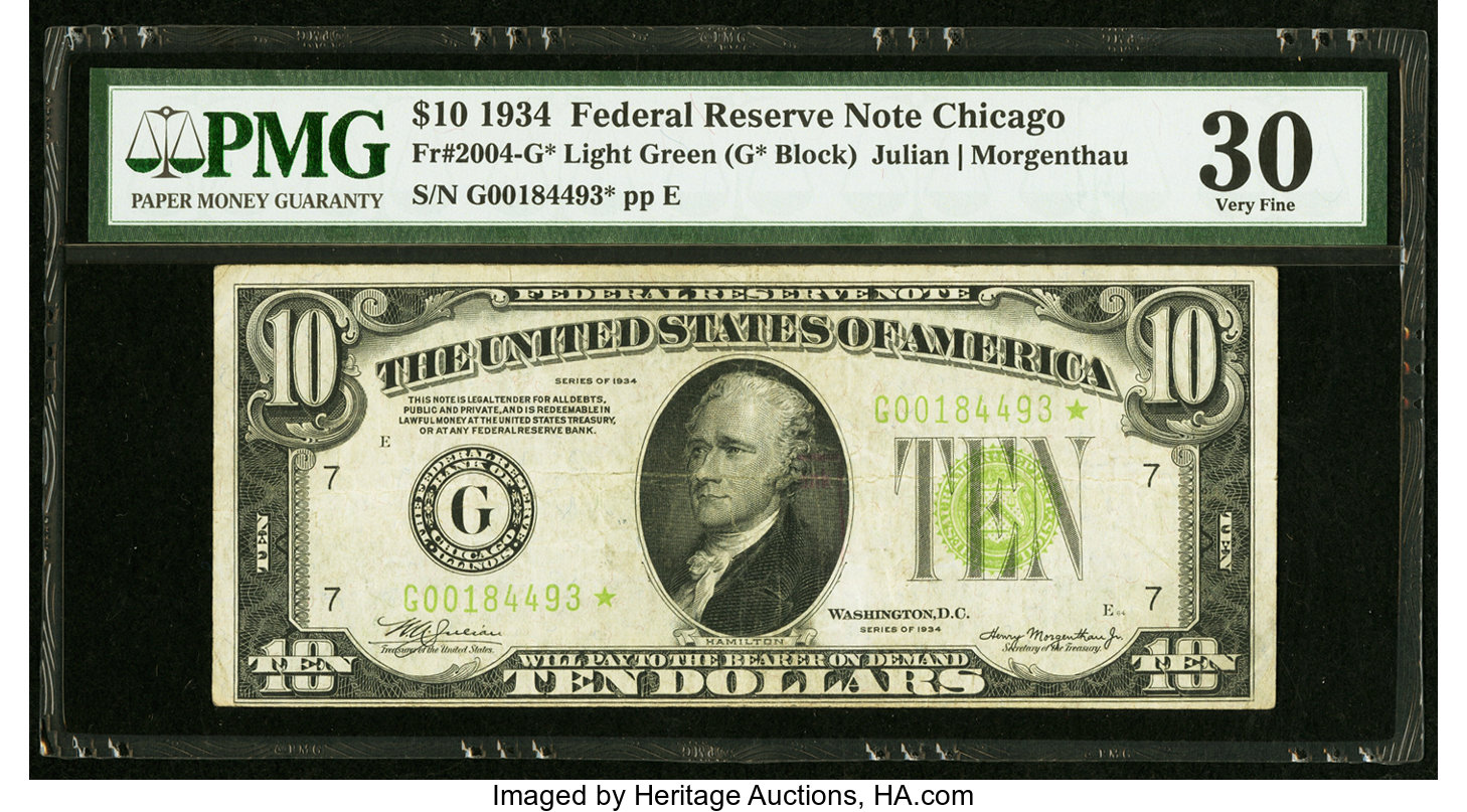 image for: Fr. 2004-G* $10 1934 Light Green Seal Federal Reserve Star Note. PMG Very Fine 30....