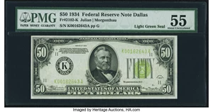 image for: Fr. 2102-K $50 Light Green Seal 1934 Federal Reserve Note. PMG About Uncirculated 55....