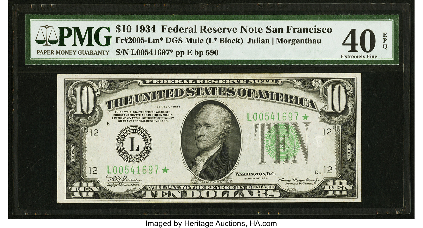 image for: Fr. 2005-L* $10 1934 Dark Green Seal Mule Federal Reserve Star Note. PMG Extremely Fine 40 EPQ....