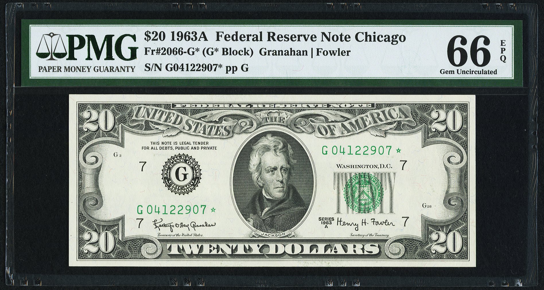 image for: Fr. 2066-G* $20 1963A Federal Reserve Star Note. PMG Gem Uncirculated 66 EPQ....