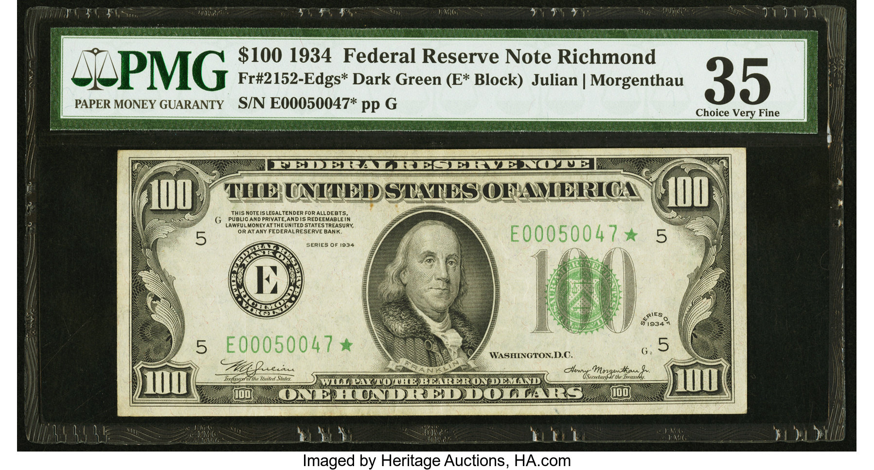 image for: Fr. 2152-E* $100 1934 Dark Green Seal Federal Reserve Star Note. PMG Choice Very Fine 35....
