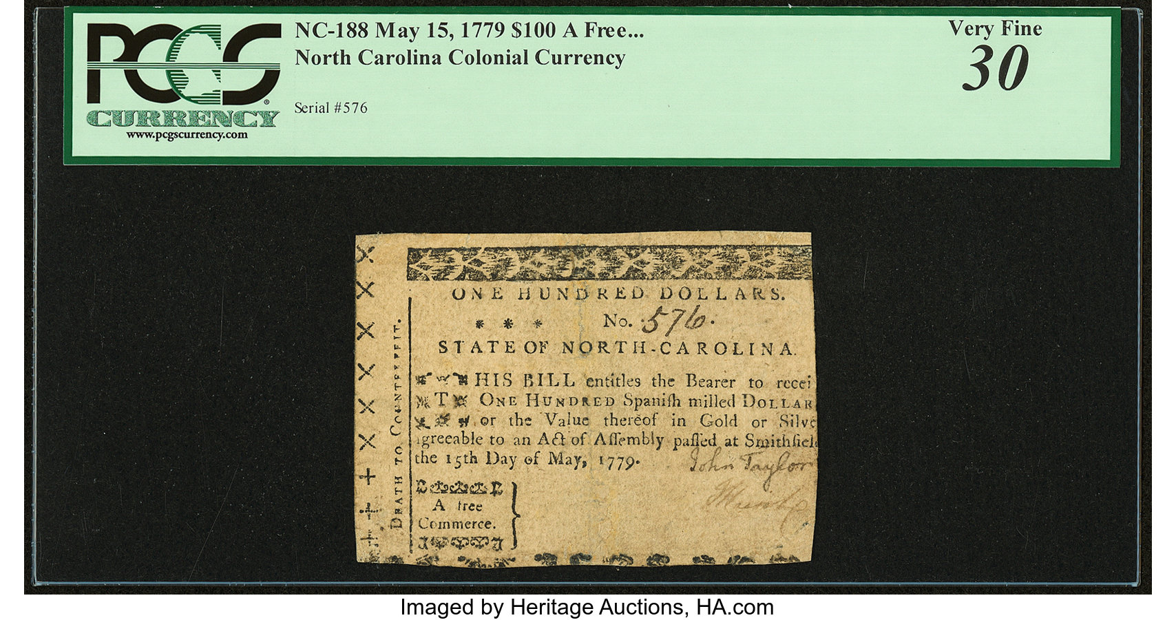 image for: North Carolina May 15, 1779 $100 A Free Commerce PCGS Very Fine 30....