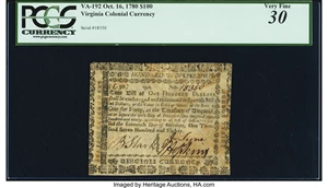 image for: Virginia October 16, 1780 $100 PCGS Very Fine 30....