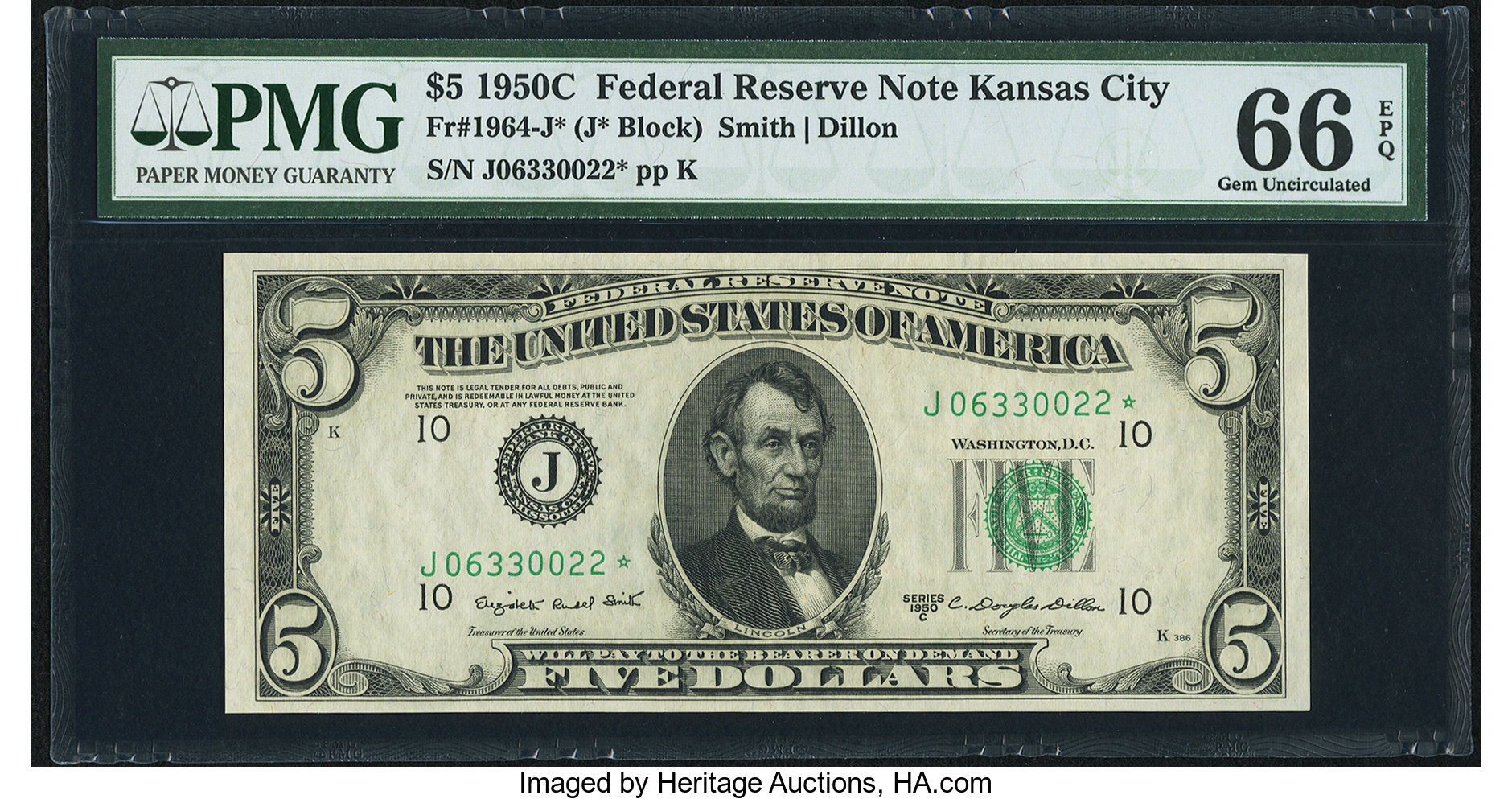 image for: Fr. 1964-J* $5 1950C Federal Reserve Star Note. PMG Gem Uncirculated 66 EPQ....