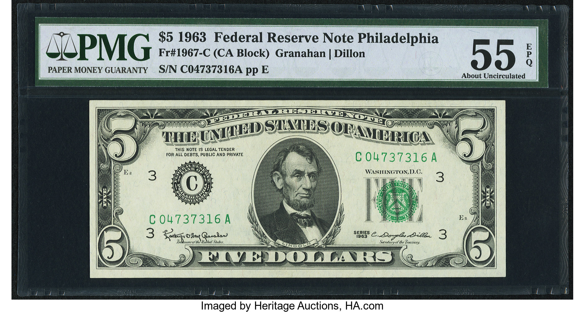image for: Fr. 1967-C $5 1963 Federal Reserve Note. PMG About Uncirculated 55 EPQ....