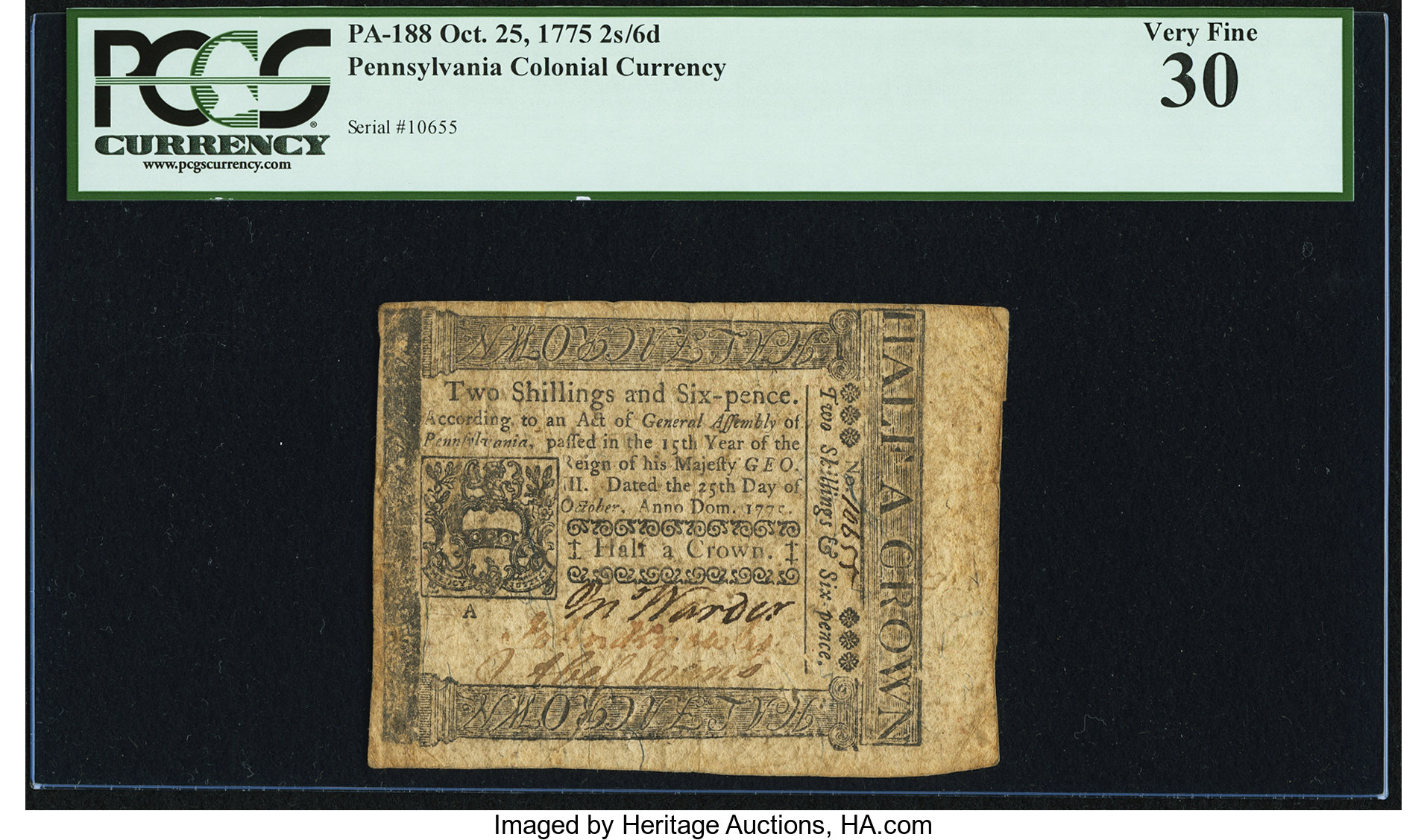 image for: Pennsylvania October 25, 1775 2s 6d PCGS Very Fine 30....
