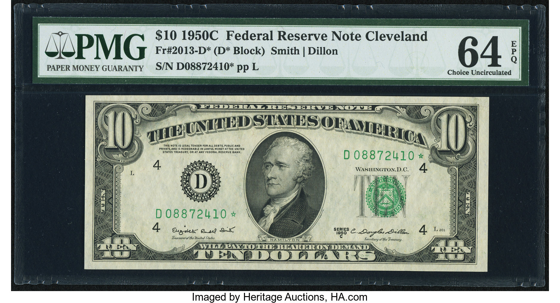image for: Fr. 2013-D* $10 1950C Federal Reserve Star Note. PMG Choice Uncirculated 64 EPQ....
