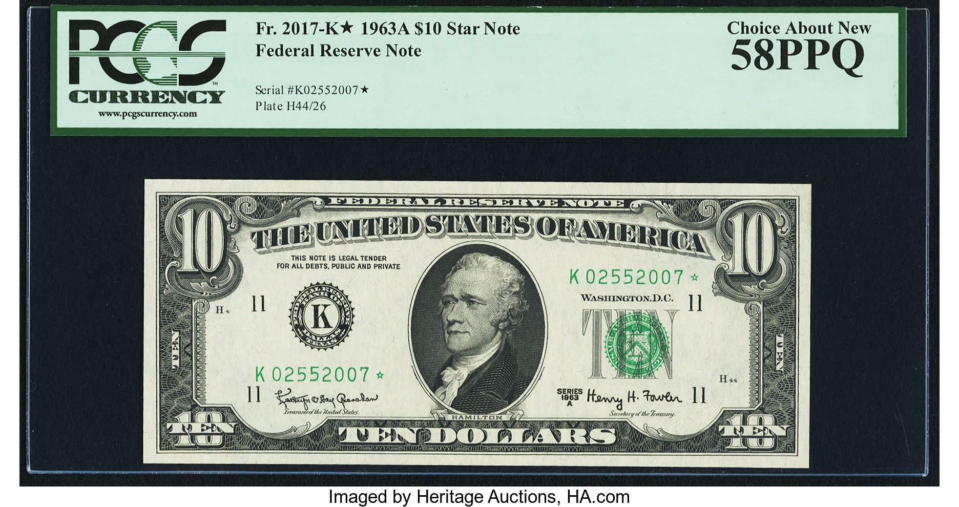 image for: Fr. 2017-K* $10 1963A Federal Reserve Star Note. PCGS Choice About New 58PPQ....