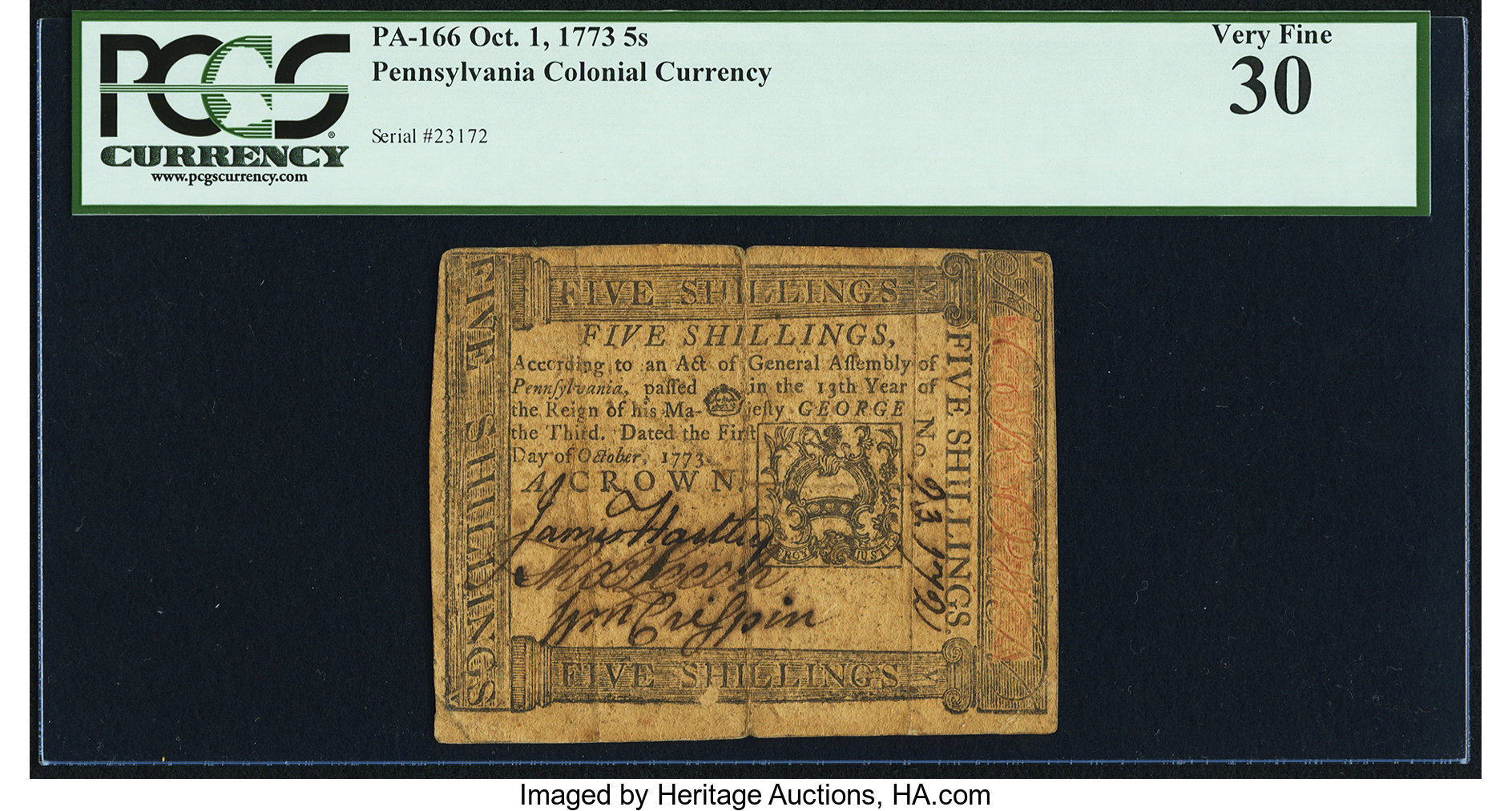 image for: Pennsylvania October 1, 1773 5s PCGS Very Fine 30....