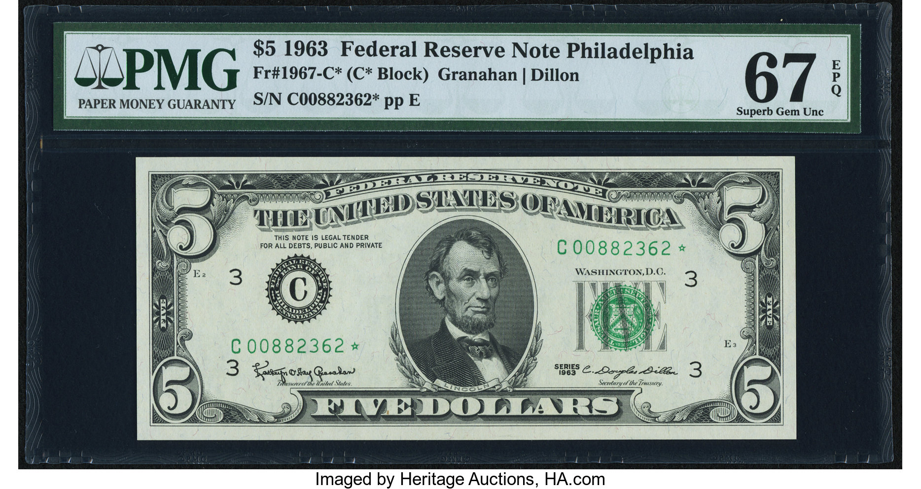 image for: Fr. 1967-C* $5 1963 Federal Reserve Star Note. PMG Superb Gem Unc 67 EPQ....