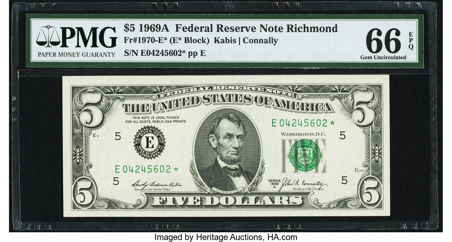 image for: Fr. 1970-E* $5 1969A Federal Reserve Star Note. PMG Gem Uncirculated 66 EPQ....