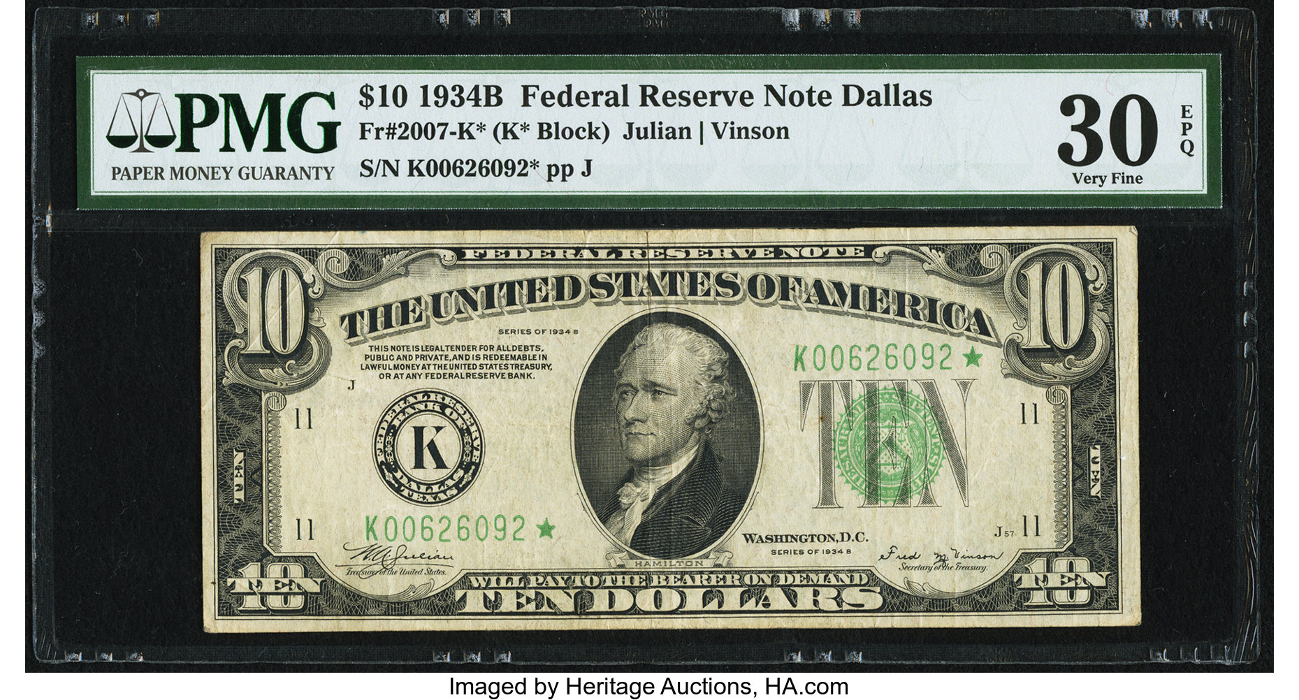 image for: Fr. 2007-K* $10 1934B Federal Reserve Star Note. PMG Very Fine 30 EPQ....