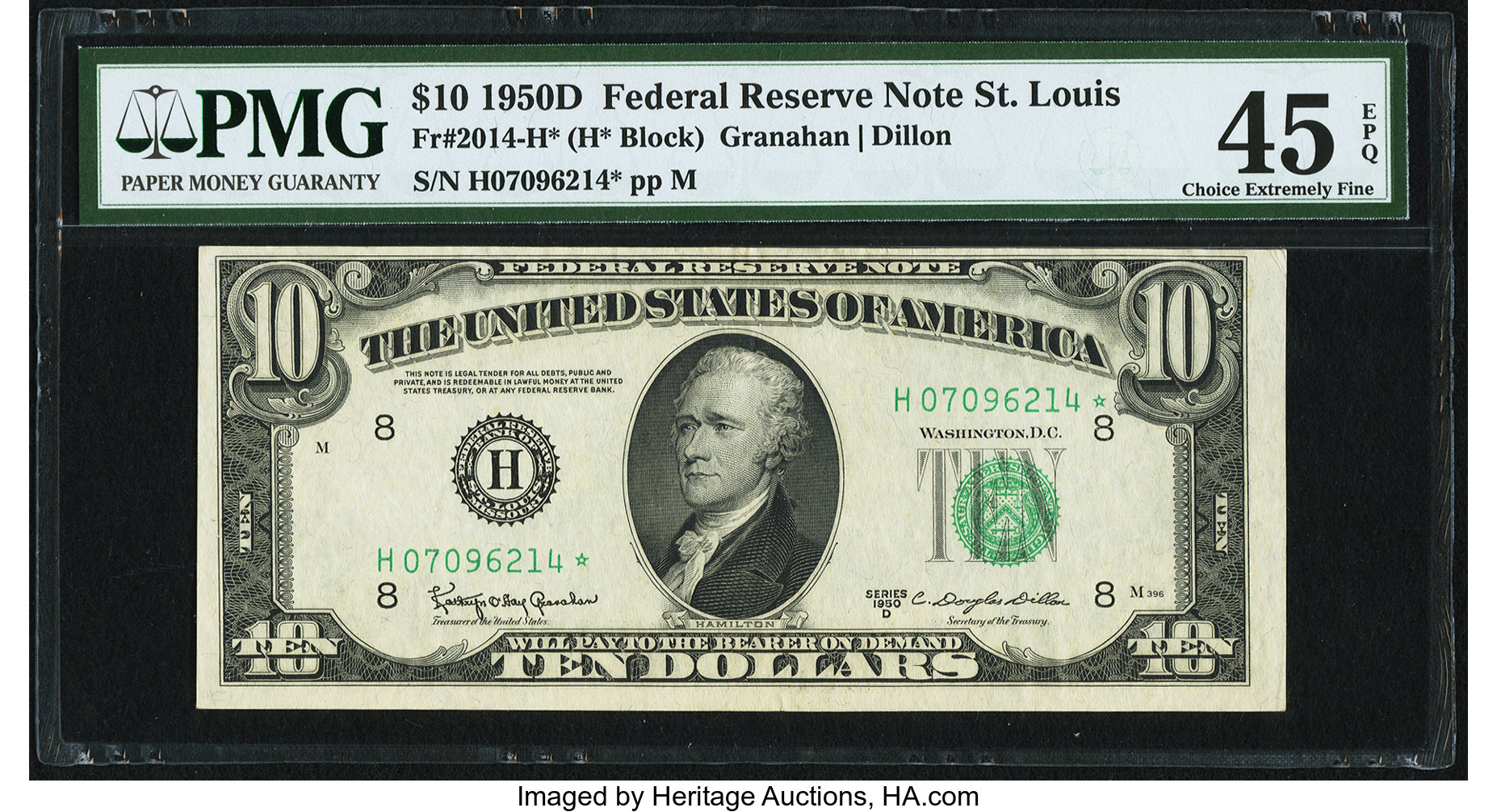 image for: Fr. 2014-H* $10 1950D Federal Reserve Star Note. PMG Choice Extremely Fine 45 EPQ....