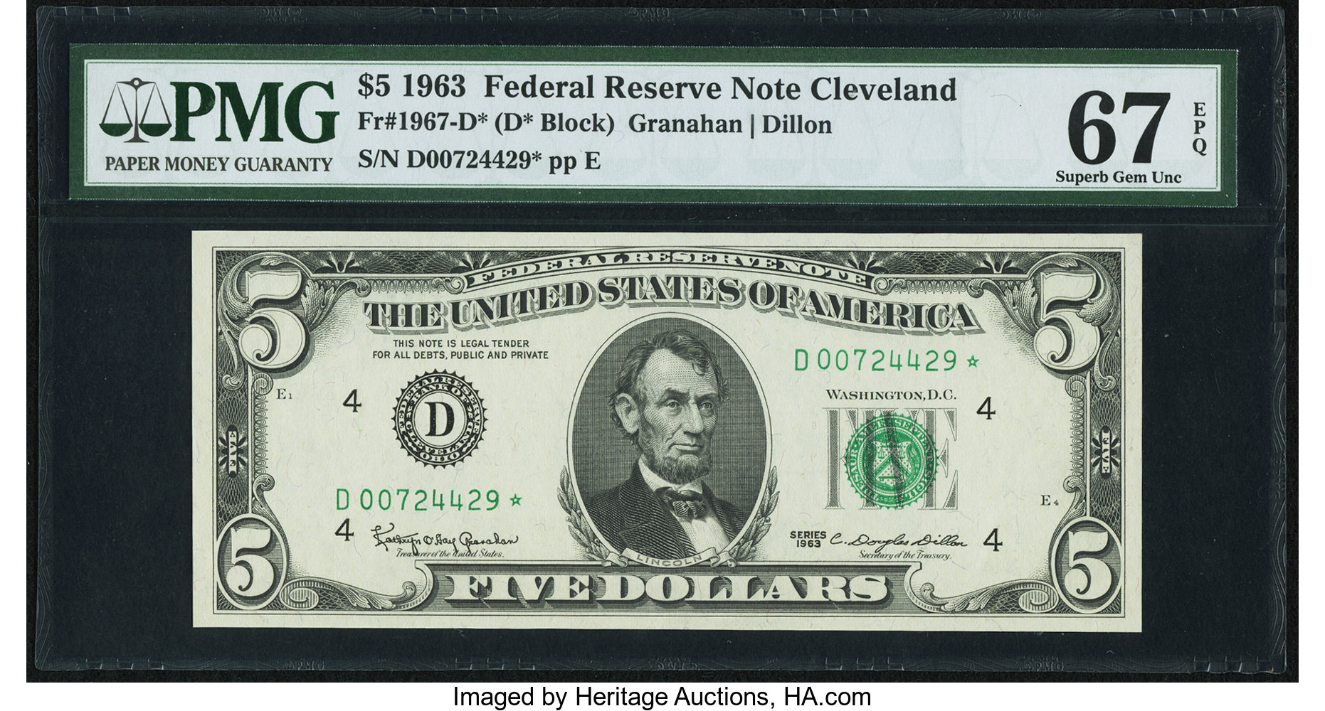 image for: Fr. 1967-D* $5 1963 Federal Reserve Star Note. PMG Superb Gem Unc 67 EPQ....