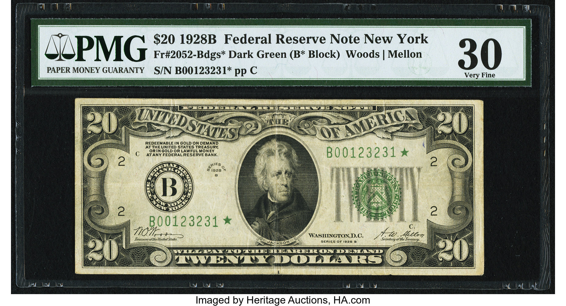 image for: Fr. 2052-B* $20 1928B Dark Green Seal Federal Reserve Star Note. PMG Very Fine 30....