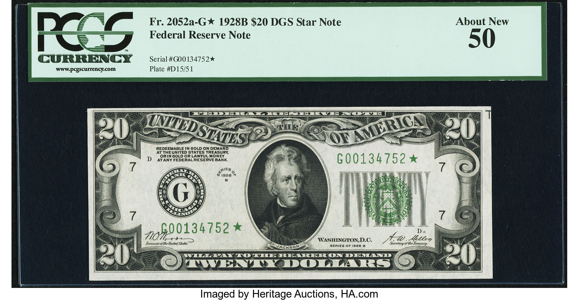 image for: Fr. 2052-G* $20 1928B Dark Green Seal Federal Reserve Star Note. PCGS About New 50....