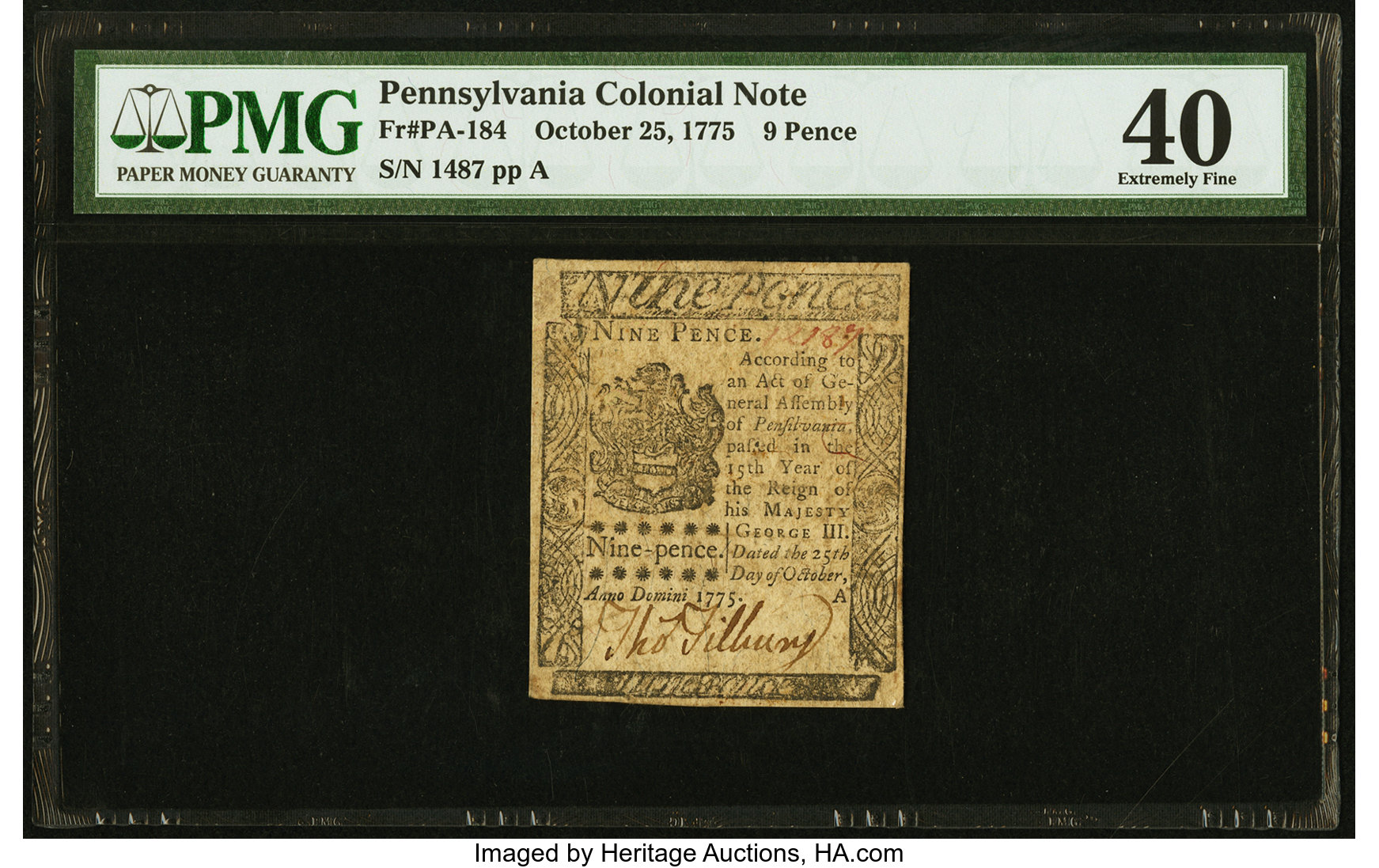 image for: Pennsylvania October 25, 1775 9d PMG Extremely Fine 40....