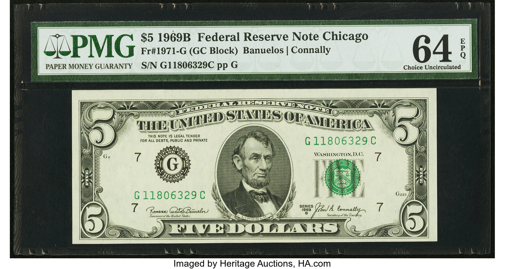image for: Fr. 1971-G $5 1969B Federal Reserve Note. PMG Choice Uncirculated 64 EPQ....